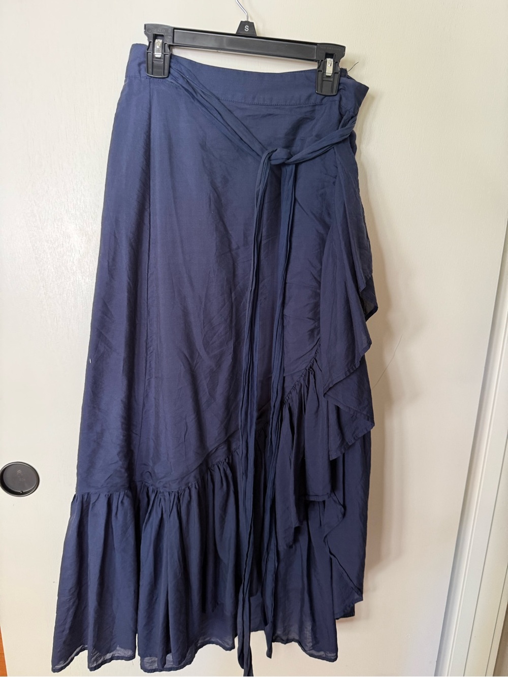 Women’s Navy High-Low Wrap Skirt with Ruffle Detail